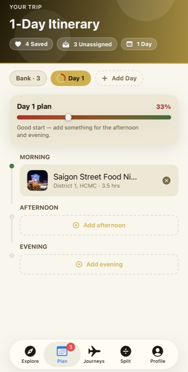 TourStruct day plan at 33% complete, with the Saigon Street Food Night Walk placed in Morning, and empty Afternoon and Evening slots with add buttons.